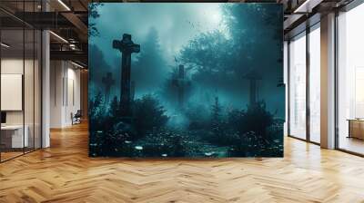 Ghostly Nighttime Graveyard A Spine-Chilling Scene for Halloween Wall mural