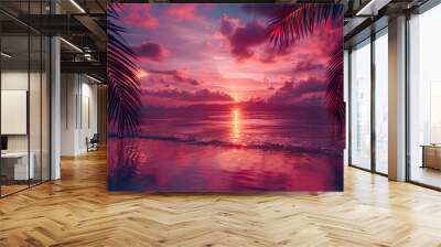 Gorgeous tropical sunset over beach with palm tree silhouettes Perfect for summer travel and vacation Wall mural