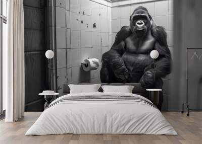 Gorilla sit on the toilet, monkey sitting on the potty, restroom humor, black and white Wall mural