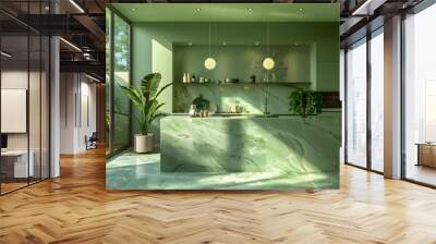 Green Modern kitchen with soft green walls, and a sleek green marble island. green-accented pendant lights, and lush greenery for a cohesive Wall mural