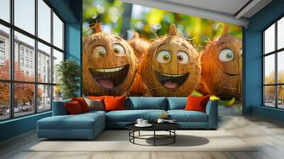 Group of animated coconuts with funny expressions. Humorous and playful characters Wall mural