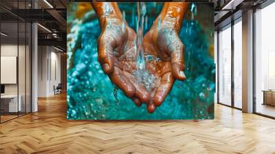 Hands of a poor child under a water tap Wall mural