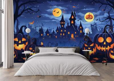 Haunted house, pumpkin patch at night by full moon light Wall mural