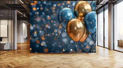 Holiday background with golden and blue metallic balloons, confetti and ribbons Wall mural