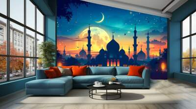 Illuminated lamp of Ramadan Kareem. Lantern with serene mosque background. Night sky with crescent moon Wall mural