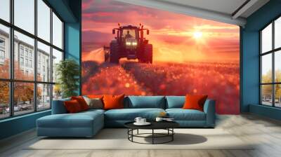 irrigation tractor driving spraying or harvesting an agricultural crop at sunset with information infographic data datum as banner design for agriculture industry and food supply production concepts Wall mural