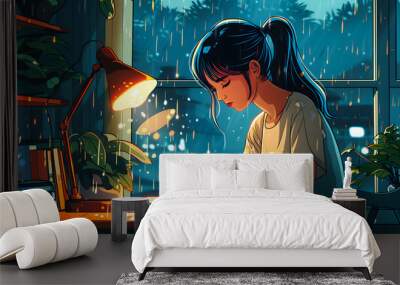 Lofi Girl studying at her desk. Rain ourside, beautiful chill, atmospheric wallpaper. Anime manga style. vector Wall mural