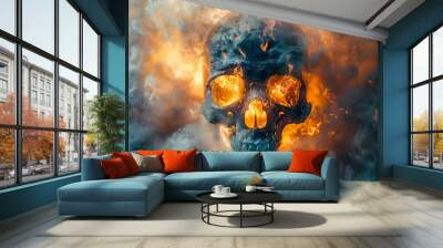 Mysterious skull enveloped in smoke with vibrant orange embers Wall mural