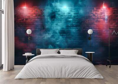 Neon light on brick walls that are not plastered background and texture. Lighting effect red and blue neon background Wall mural