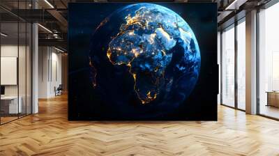 Satellite view of Earth globe from space, city lights by night, East Asia China map Wall mural