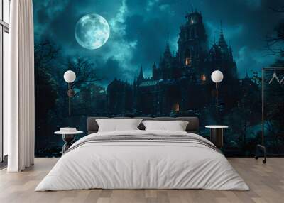 Scary Halloween castle under a full moon in the dark night. Illustration of a gothic and eerie landscape Wall mural