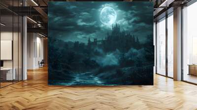 Scary Halloween castle under a full moon in the dark night. Illustration of a gothic and eerie landscape Wall mural