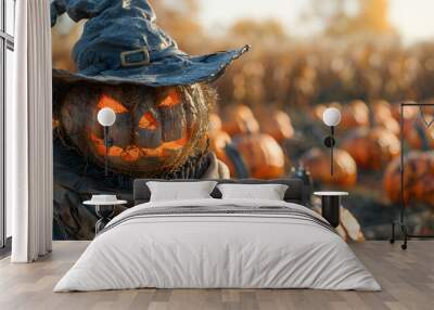 Scary scarecrow in a field full of pumpkins, Halloween Wall mural