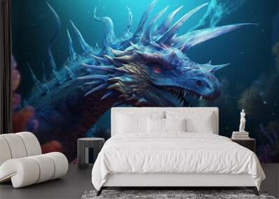 Sea dragon underwater, dragon Illustration, monster sea dragon. Generative AI Wall mural