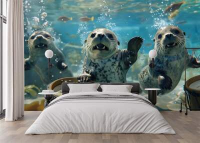 Seals playing drum underwater party time Wall mural