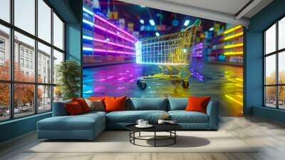 Shopping cart with neon colorful can be viewed in modern stores with copy space Wall mural