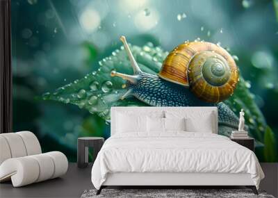 Snail crawling on a green leaf with bokeh background Wall mural