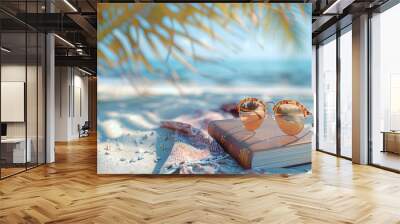 Still life illustration of summer accessories at the beach. Sunglasses, book, towel, in the sand. Summer concept. Wall mural