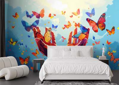 The concept of hope and freedom is symbolized by human hands releasing a group	 Wall mural