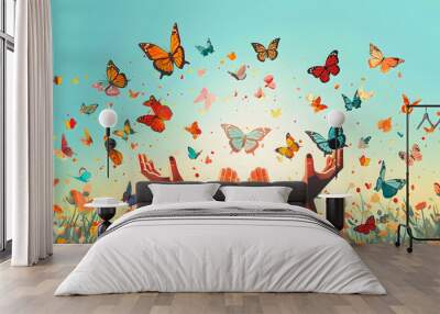 The concept of hope and freedom is symbolized by human hands releasing a group	 Wall mural