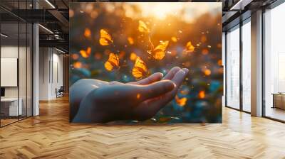 The concept of hope and freedom is symbolized by human hands releasing a group	 Wall mural