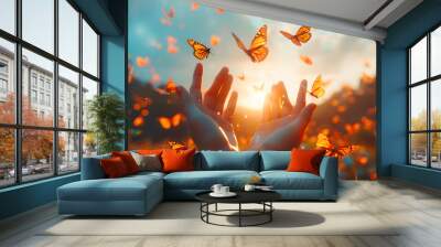 The concept of hope and freedom is symbolized by human hands releasing a group	 Wall mural