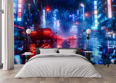 The streets of a fantasy city, with blue and orange light tints, neon lights, and a cinematic atmosphere Wall mural