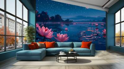 Waterlily and moon in starry night illustration Wall mural