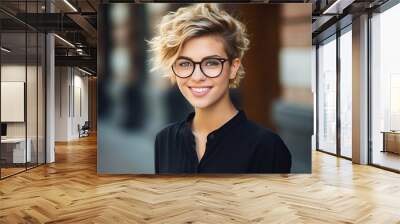 Vertical protrait of an attractive young girl with short hair, wearing glasses and street style clothes, leaning on a brick wall. Wall mural