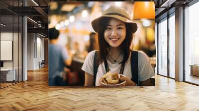 Young woman traveler walking holding stinky tofu at taiwanese street food, travel lifestyle concept Wall mural