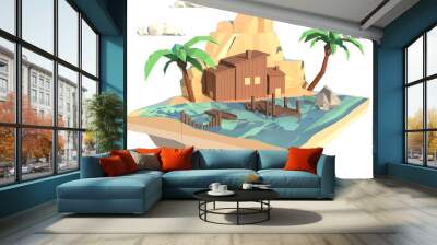 3D illustrator small house by the river. 3d rendering Low Polygon Geometry. Lowpoly Minimal Style Art. Wall mural