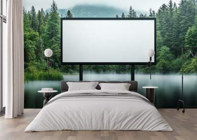 A blank billboard standing in serene waters, surrounded by lush forest and misty mountains, perfect for advertising or nature themes. Wall mural