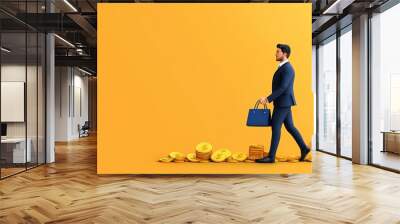 A confident businessman walking towards success, symbolized by coins and graphs on a vibrant yellow background. Wall mural