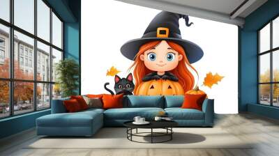 A cute cartoon witch with red hair, black cat, and pumpkins, perfect for Halloween-themed illustrations and decorations. Wall mural