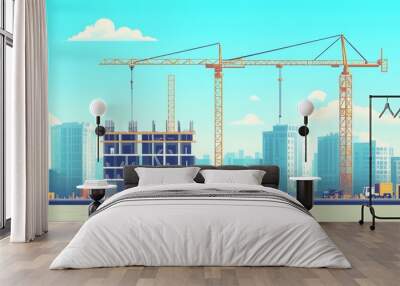 A vibrant illustration of a construction site with cranes, buildings, and equipment against a blue sky and fluffy clouds. Wall mural