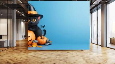 A whimsical black cat in a witch hat beside carved pumpkins, perfect for Halloween-themed decorations. Wall mural