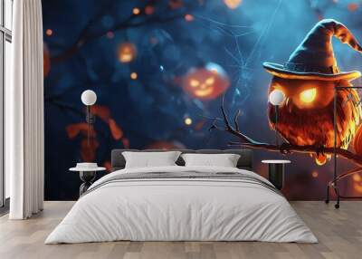 A whimsical owl wearing a witch hat perched on a branch surrounded by glowing pumpkins and dark, eerie ambiance, perfect for Halloween. Wall mural