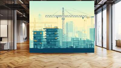 Abstract construction scene with cranes and buildings under development in a modern city skyline at dawn. Wall mural