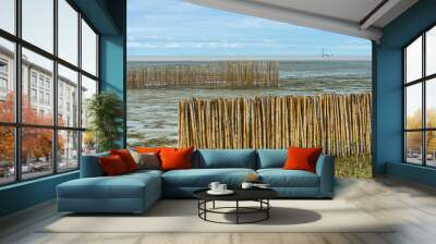 Bamboo barrier and rock dam. Wall mural