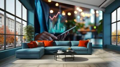 Businessman analyzing data on tablet with digital graph, showcasing financial trends and insights in a modern workspace. Wall mural