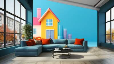 Colorful model house with money coins and graphs on blue background, representing real estate investment and financial growth. Wall mural