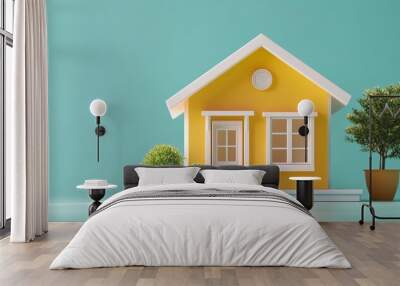 Cute yellow model house with potted plants against a turquoise background, symbolizing home and comfort. Wall mural