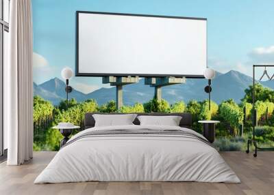 Empty billboard in a scenic vineyard landscape with mountains in the background, ideal for advertising or promotional content. Wall mural