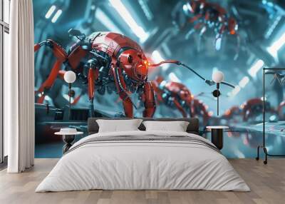 Expansive scene of cyber ants constructing advanced machinery in an underground tech lab, sleek metal surfaces, dynamic composition, 3D rendering, ultra-high definition Wall mural