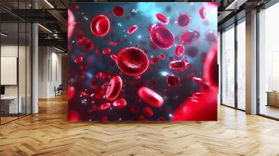 Vibrant close-up of red blood cells flowing in the bloodstream, showcasing cellular activity and life within the human body. Wall mural