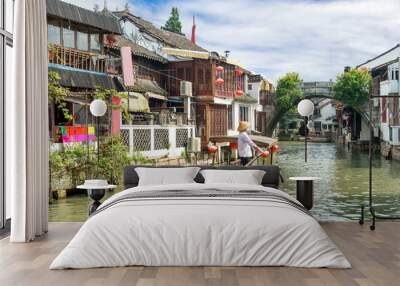 China traditional tourist boats on canals of Shanghai Zhujiajiao Wall mural