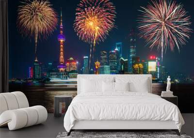 Fireworks in Shanghai, China celebration National Day of the People's Republic of China. Wall mural