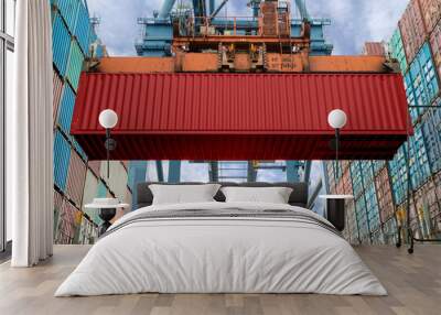 Industrial crane loading Containers in a Cargo freight ship. Container ship in import and export business logistic company. Industry and Transportation concept. Wall mural