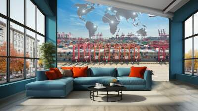 Map global partner connection of Container Cargo freight ship fo Wall mural