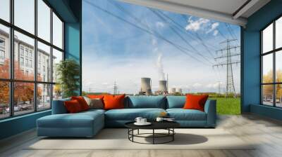 Nuclear power plant with green field and high voltage electric wire in Germany. Europe. Wall mural